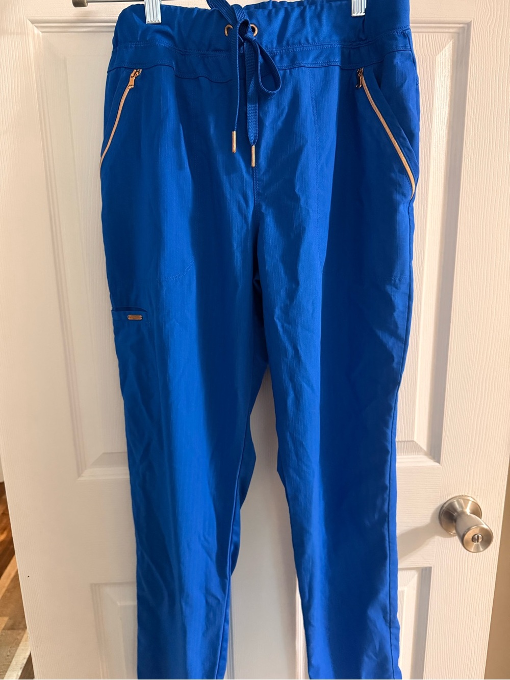 Electric Blue Drawstring Joggers with Contrast Gold Zippers